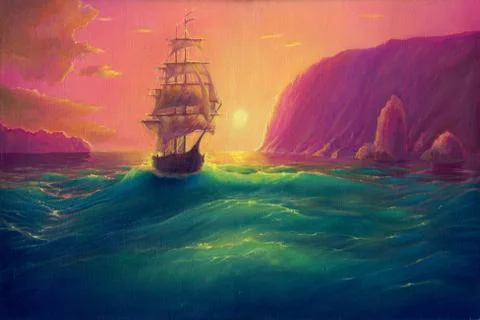 Oil painting art on canvas, sea landscape background with sunset, ship in ocean Stock Illustration