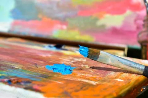Oil painting. Instruments and objects of the artist. Hobby drawing Stock Photos