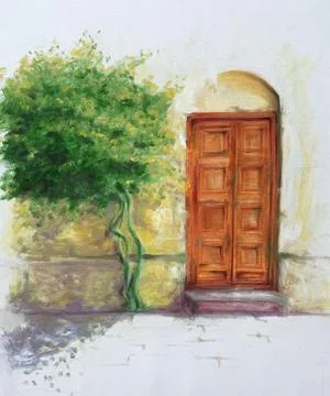 Oil Painting of a tree next to orange door Stock Illustration