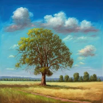 Oil paintings rural landscape. Fine art, landscape with tree Stock Illustration