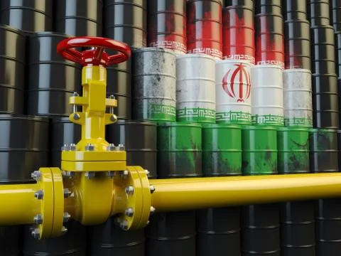 Oil pipe line valve in front of the Iranian flag on the oil barrels. Iranian 库存插图