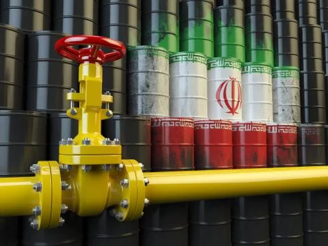 Oil pipe line valve in front of the Iranian flag on the oil barrels. Iranian Stock-Illustration