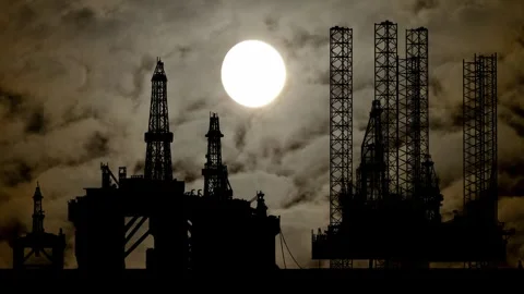 Oil platform by Night with Dark Atmosphere, Fog, Smoke, and Full Moon Stock Footage 270488513