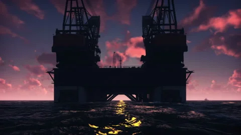 Oil platform, offshore platform, or offshore drilling rig in night sea at sunset Stock Footage 101099565