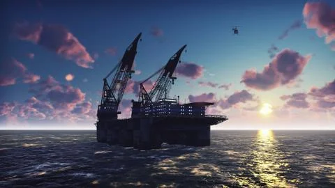 Oil platform, offshore platform, or offshore drilling rig in sea at sunrise. 3D Stock Illustration
