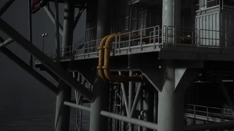 Oil platform structure at night by the water creating shadows and reflections Stock Footage 343575724