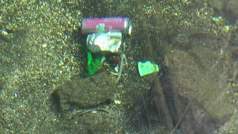 Oil-polluted water and empty plastic bottles floating underwater. Video stock 329316919