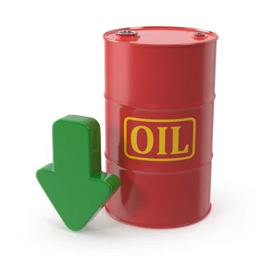 Oil price decrease red barrel and downward arrow 库存插图