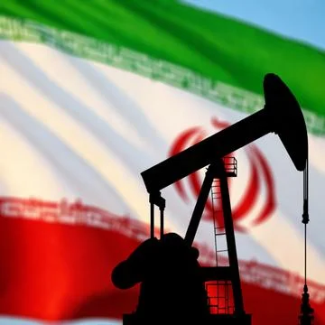 Oil pump on background of flag of Iran Stock Illustration