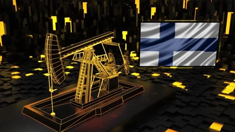 Oil pump jack animation operating beside waving flag of Finland in video Stock Footage 347215454