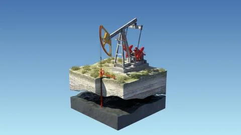 Oil pump jack at a drill site in a desert with oil barrels and refinery tanks on Stock Illustration