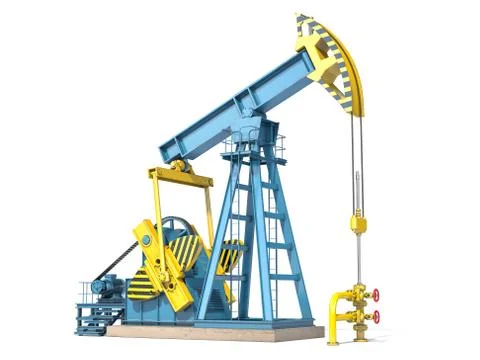 Oil pump jack isolated on white background. Illustrazione stock