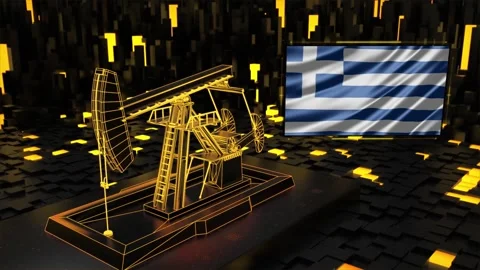 Oil pump jack moving continuously beside national flag of Greece Stock Footage 347216403