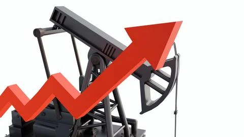 An oil pump jack or nodding donkey, oil barrels, and red upward-trending arrow. Illustrazione stock