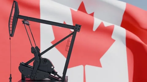 Oil Pump Jack Silhouette with Canada Flag Background Stock Footage 340194294