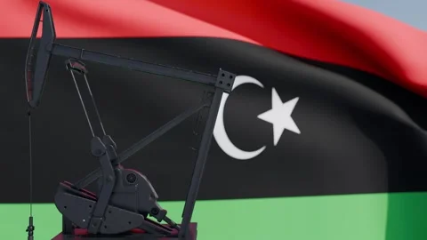 Oil Pump Jack Silhouette with Libya Flag Background Stock Footage 340269190
