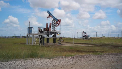 Oil Pump Jacks Operating in a Grassy Field Under Cloudy Sky Video stock 312750511