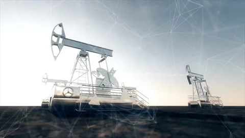 The oil pump jacks with plexus network connection lines Oil industry Stock Footage 145350762