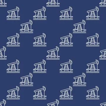 Oil pump at sea vector seamless pattern in thin line style Illustrazione stock