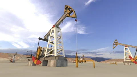 Oil pump working in desert in clear blue sky day. 3d animation Stockbeeldmateriaal 147520146