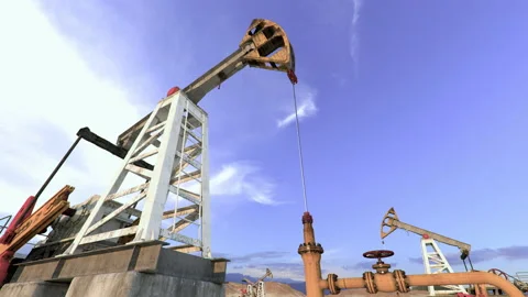 Oil pump working in desert in clear blue sky day. 3d animation Video stock 147521580