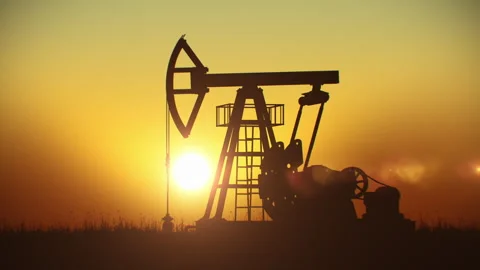 Oil Pump Working at Sunset Seamless Illustration. Pump Jack Silhouette Nodding Stock Footage 303843557