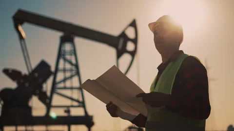 Oil pump.Engineer work with laptop and diagram.Checking operation of oil pump at Stock Footage 259373245