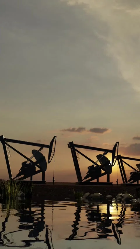 Oil Pumpjack Operating at Sunset in Industrial Oil Field Stock Footage 340020071