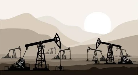 Oil pumps and drilling rigs at the field during sunset. Stock Illustration