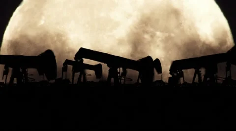 Oil Pumps on a Full Moon Background in a Polluted Environment Stock Footage 68998694