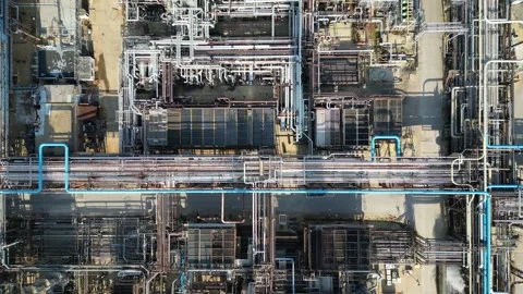 Oil refinery aerial view, shot from a drone. Production of oil and chemicals. Stock Footage 242939853