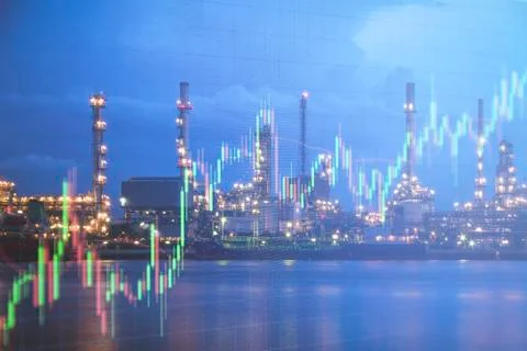 Oil refinery with candlestick graph background , Business  Foto stock