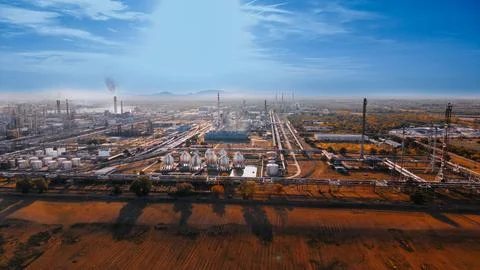 Oil refinery complex under a clear blue sky in the daytime. Workers manage .. Stock Photos