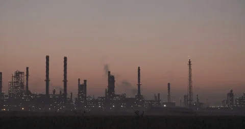 Oil refinery with the dusk light in the background Stock Footage 74266791