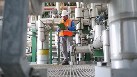 Oil Refinery Engineer Inspecting Production Equipment System Video stock 331916864