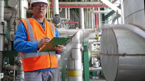 Oil Refinery Engineer Inspecting Production Equipment System Stock Footage 331916865