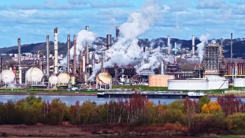 Oil refinery industry production causing air pollution in Le Havre, France Stock Footage 333549712