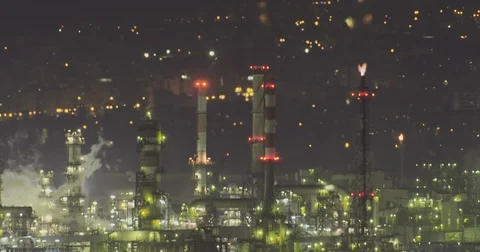 Oil refinery nighttime footage Stock Footage