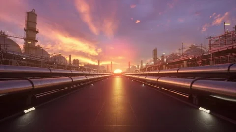 Oil Refinery Pipelines at Dramatic Pink Sunset Industrial Site Stock Footage 337813087