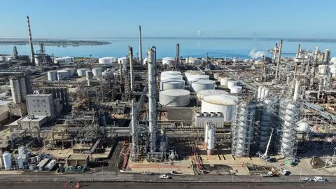 Oil refinery plant complex generating energy fuel Stock Photos