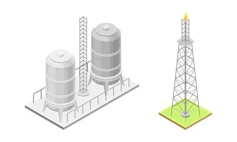 Oil refinery plant elements set. Oil rig with fire and tanks isometric vector Stock Illustration