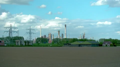 Oil refinery with powerlines Stock Footage 131649866