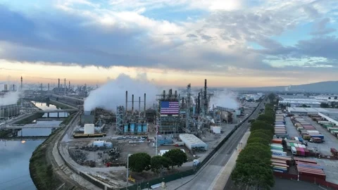 Oil refinery with producing carbon emissions contributing to climate change Stock Footage 231180925