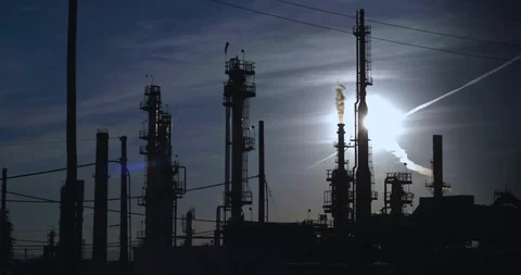 Oil Refinery in the Setting Sun, Evening, 4K Stock Footage 111934940
