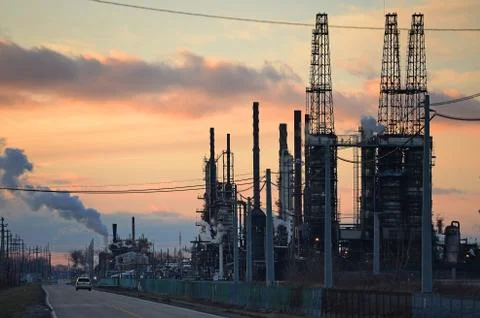 Oil Refinery at Sunset Stock Photos