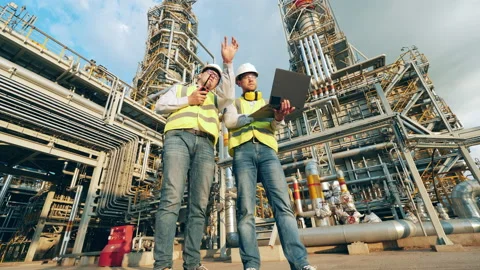 Oil refinery with two co-workers managing the working process Stock Footage 163508257