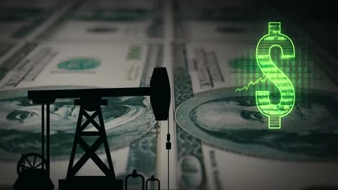 An oil rig against a backdrop of dollars, a neon dollar symbol, 動画素材 343643030
