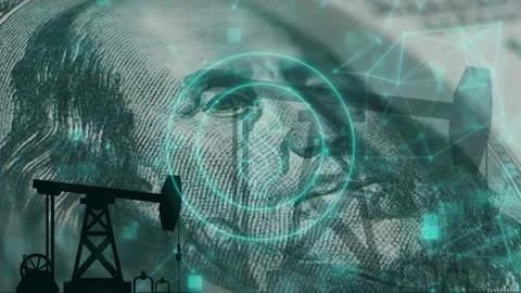 An oil rig against a backdrop of dollars, a neon dollar symbol. 4K Vídeo Stock 343734693