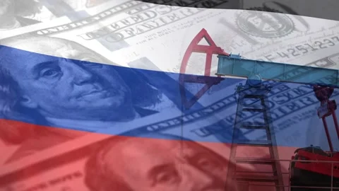 An oil rig against the background of a transparent flag of Russia and a row of Stock Footage 239427698