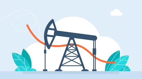 Oil rig on the background of falling red line. Falling price. Pumpjack on oil Stock Footage 314658504